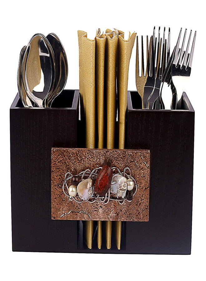 COCKTAIL Wooden 2 in 1 Cutlery Holder Spoon Stand (Brown/Copper) | Rack for Spoons, Forks, Napkins, Tissue Paper Storage Box- 3 Sections | Flatware Caddy | Stylish Cutlery Holder for Dining Table - Image 2